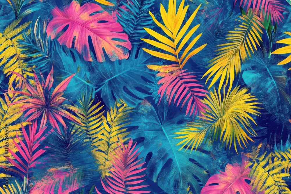A vibrant pattern of tropical leaves in bright colors, ideal for backgrounds or designs. A vibrant pattern of tropical leaves in bright colors, ideal for backgrounds or designs.