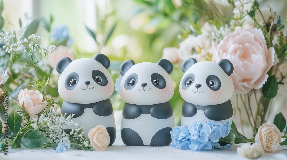 Obraz premium Three adorable panda figurines amidst blooming flowers.