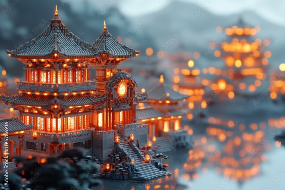 A serene night scene of illuminated traditional architecture by a water body. A serene night scene of illuminated traditional architecture by a water body.