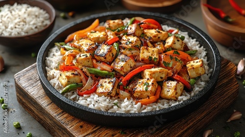 Sizzling vegetable stir-fry with tofu served over rice kitchen food cozy environment close-up view healthy eating