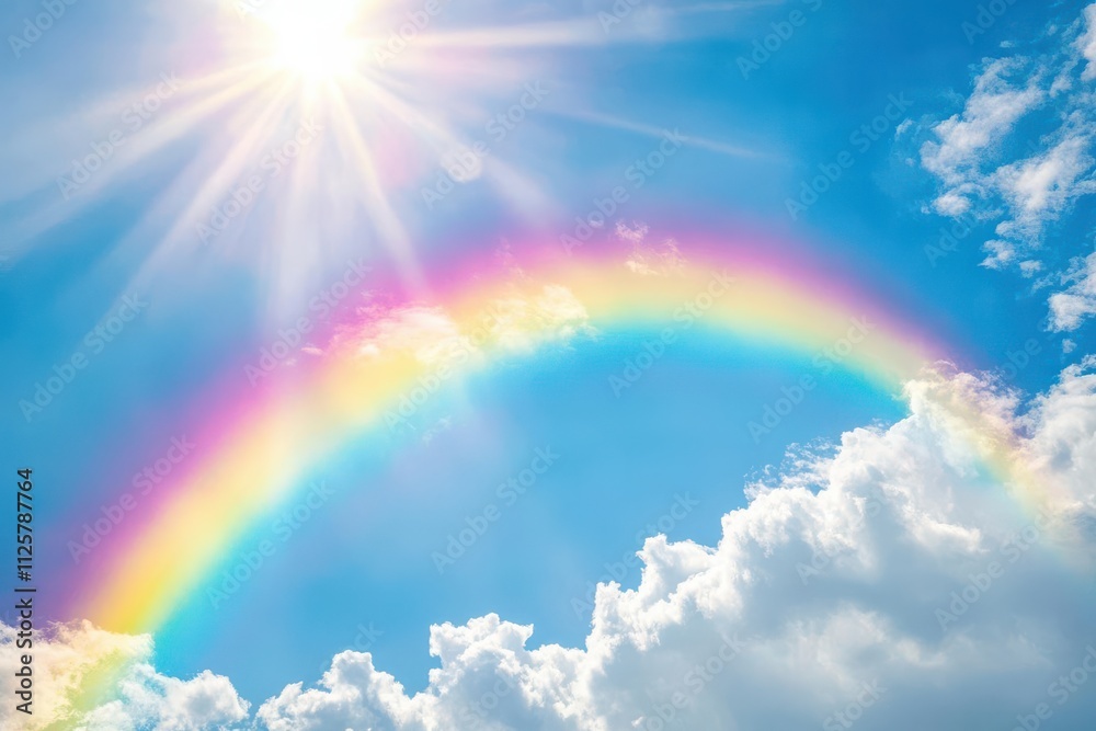 A vibrant rainbow arches across a bright blue sky with fluffy clouds and sunlight. A vibrant rainbow arches across a bright blue sky with fluffy clouds and sunlight.