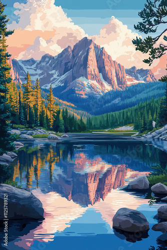 Rocky mountain national park illustration. Travel landscape poster wallpaper background