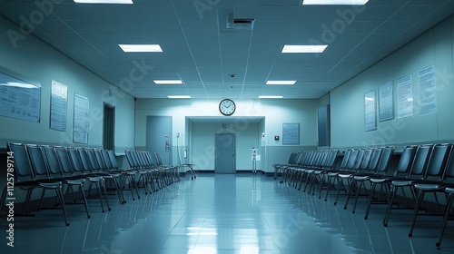 Empty hospital waiting room with rows of chairs and bright lights.