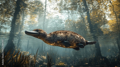 Platypus swimming underwater in sunlit forest. photo