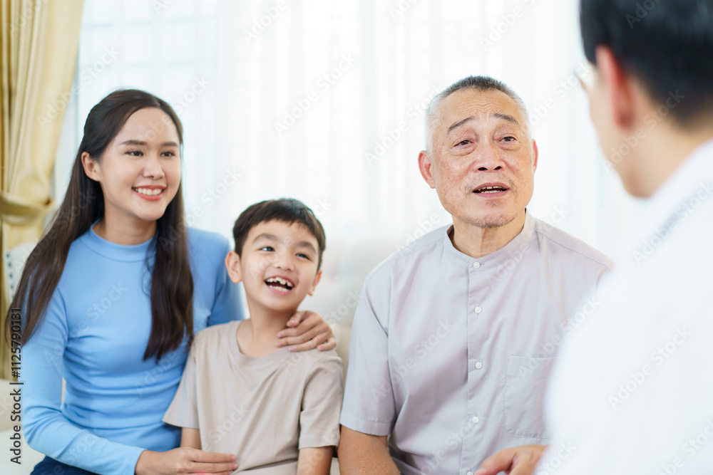 Asian elderly man with family are talking with doctor. Asian elderly man with family are talking with doctor.