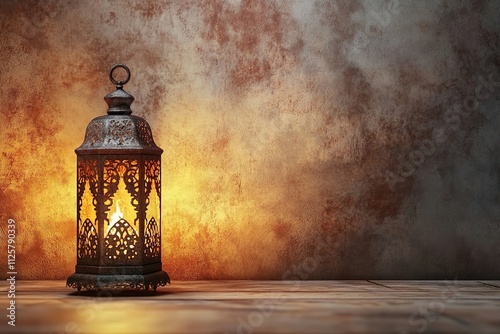 Ornate Lantern with Warm Glow on Rustic Background. Ideal for themes related to Ramadan, Middle Eastern decor, or festive celebrations. photo