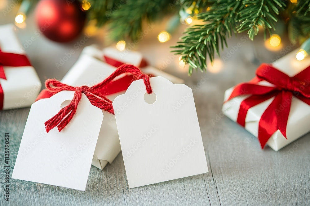 Elegant and Festive Gift Wrapping Scene with Blank Tags, Presents, Red Ribbons, Christmas Decor, and Evergreen Branches, Perfect for Holiday Celebrations and Seasonal Promotions