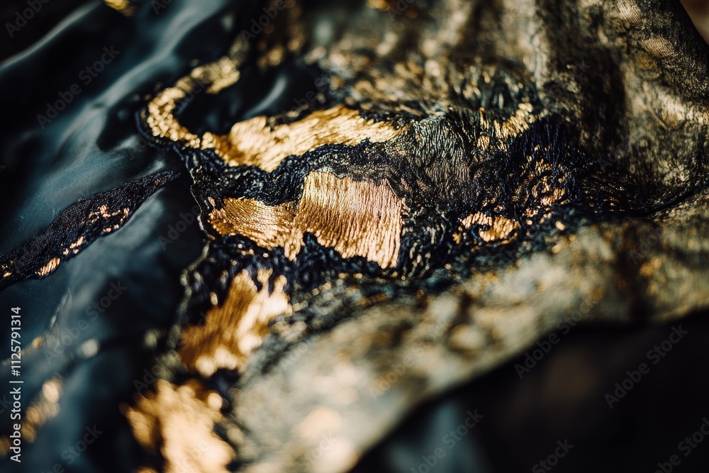 Elegant close-up of intricate gold and black fabric with detailed embroidery showcasing luxurious texture and craftsmanship captured in soft lighting.
