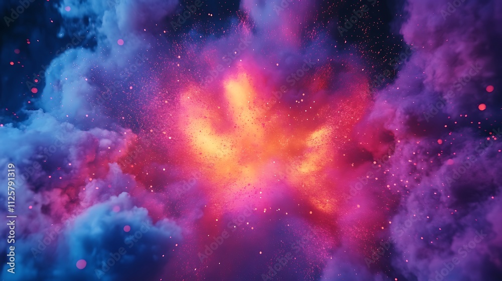 Vivid explosion of vibrant colors and sparks in dark smoky clouds. Vivid explosion of vibrant colors and sparks in dark smoky clouds.