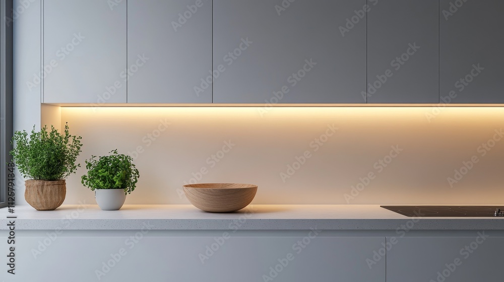 Modern minimalist kitchen with white cabinets, matching quartz countertops, and matte white backboards, decorated with wooden bowls, potted herbs, and soft recessed lighting Modern minimalist kitchen with white cabinets, matching quartz countertops, and matte white backboards, decorated with wooden bowls, potted herbs, and soft recessed lighting