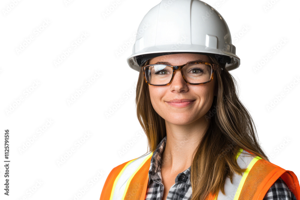 Confident woman in safety gear and glasses, smiling, standing against a white background. Confident woman in safety gear and glasses, smiling, standing against a white background.