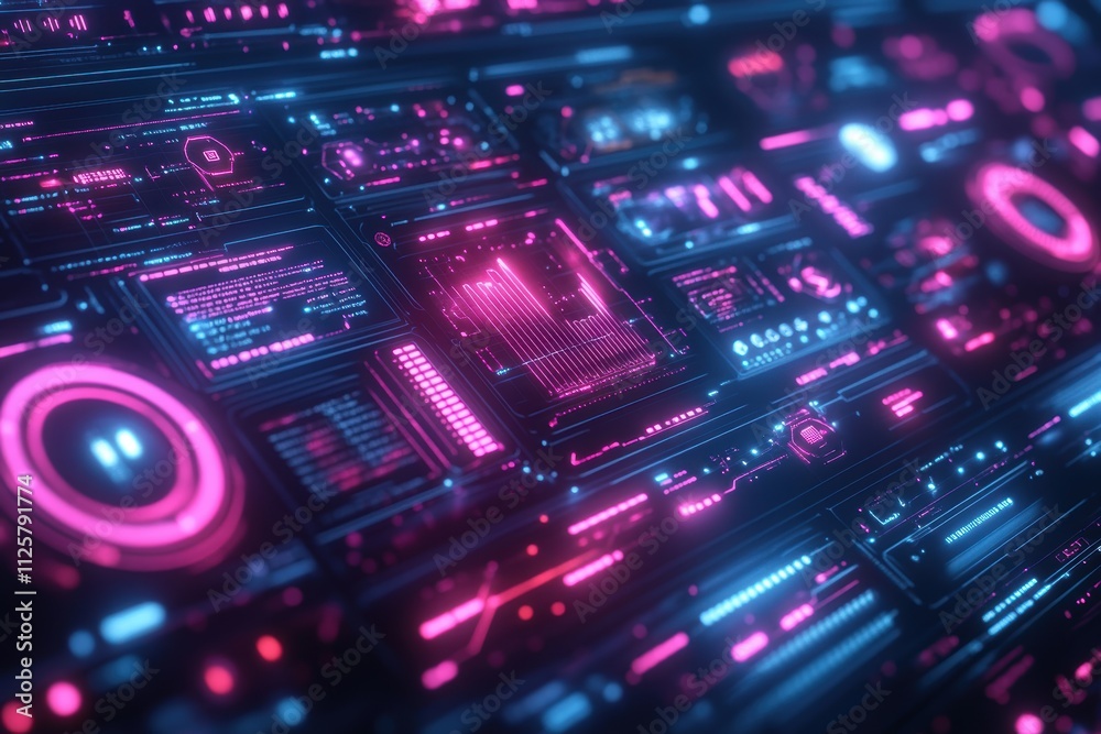 Fototapeta premium A futuristic digital interface with vibrant neon graphics and data displays.