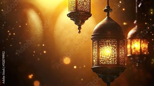 Traditional Ornate Lanterns with Warm Glow. Ideal for themes related to Ramadan, Middle Eastern decor, or festive celebrations. photo