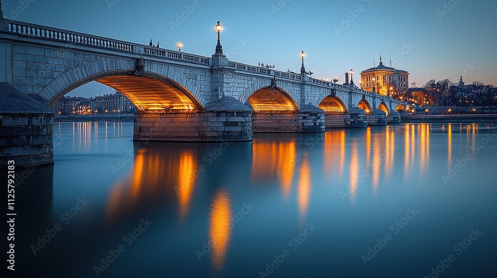 Long exposure of a glowing city bridge at dusk serene water reflections urban landscape minimalist perspective Long exposure of a glowing city bridge at dusk serene water reflections urban landscape minimalist perspective