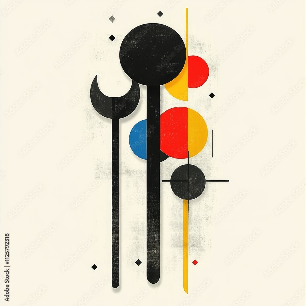 Abstract geometric composition featuring circles and lines in bold colors. Abstract geometric composition featuring circles and lines in bold colors.