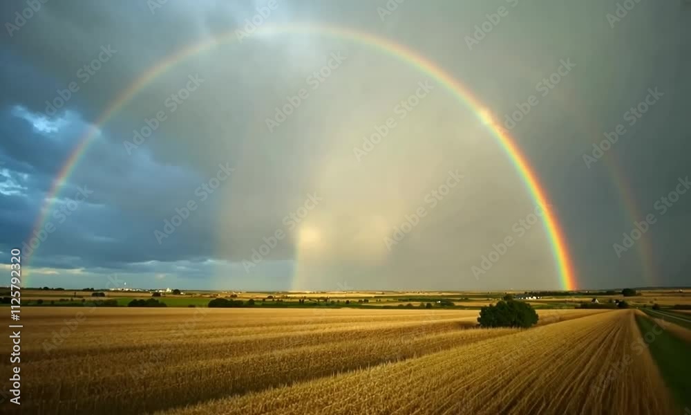 A realistic video cinematic style of beautiful rainbow over the landscape. A realistic video cinematic style of beautiful rainbow over the landscape.