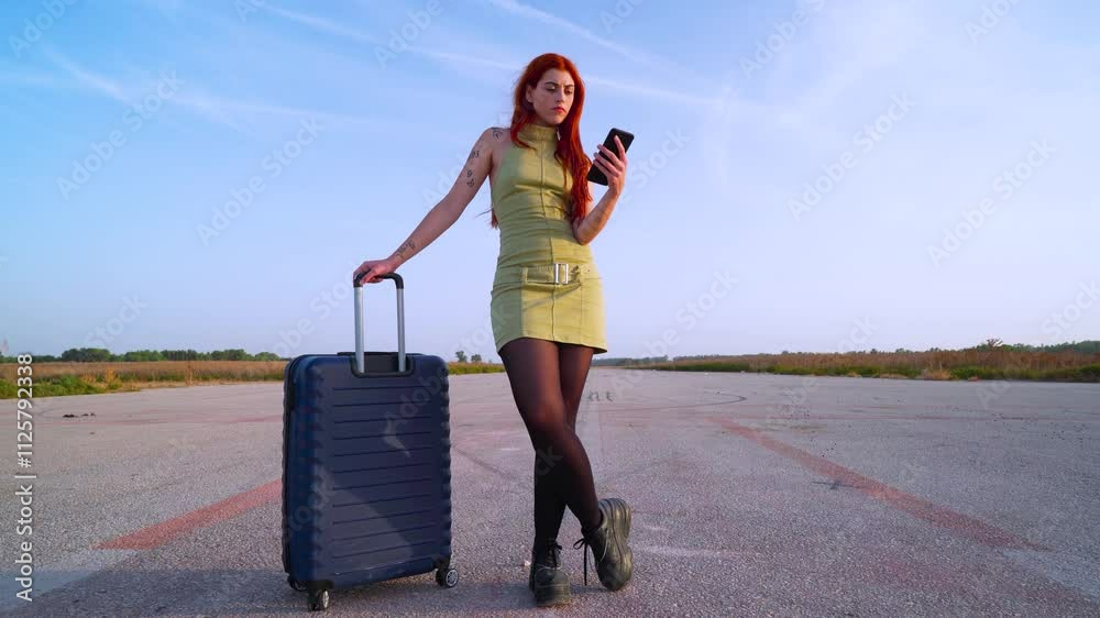 Chica joven viajera consultando información online en la pista de aterrizaje de un aeropuerto antes del vuelo.