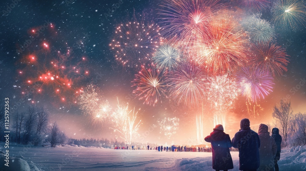 Winter fireworks display with people watching. (1) Winter fireworks display with people watching. (1)
