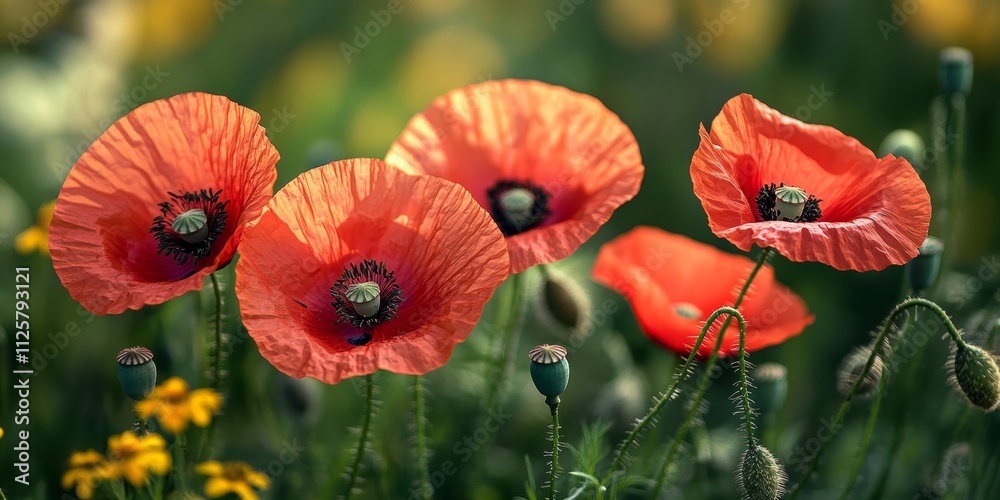 Obraz premium Bright red poppies blooming in green meadow, wildflowers in the field, summer landscape, Generative AI