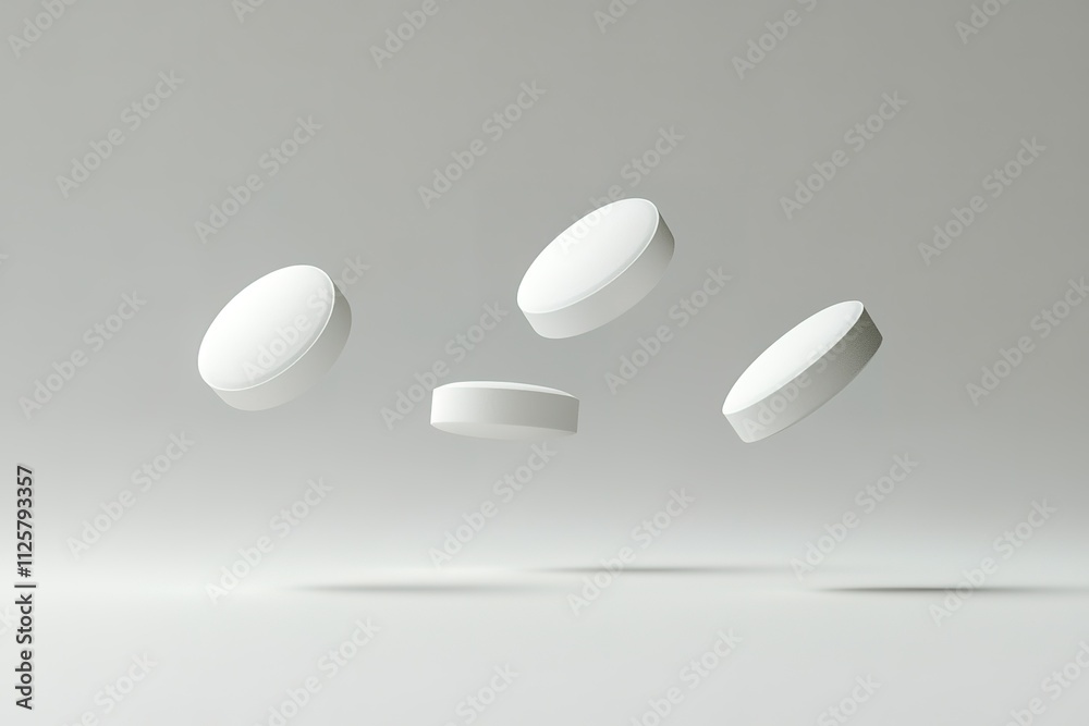 Four white pills in the air, with one of them being a closeup of a pill Four white pills in the air, with one of them being a closeup of a pill