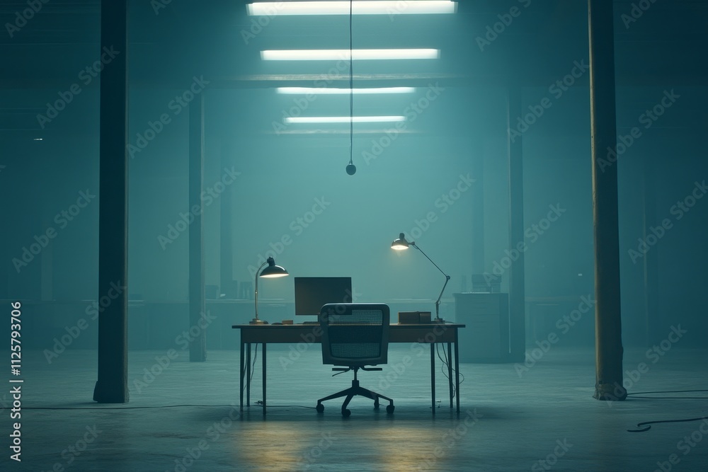 Fototapeta premium Emptiness and Solitude in a Foggy Office Space Featuring an Isolated Desk, Chair, and Soft Lighting that Creates an Atmosphere of Reflection and Contemplation