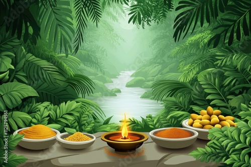 Serene Jungle Riverbank: Spices, Fruits, and a Tranquil Atmosphere photo