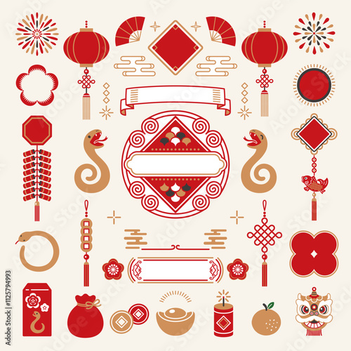 Chinese New Year icon set. Chinese New Year celebration illustration for the year of the snake in 2025.