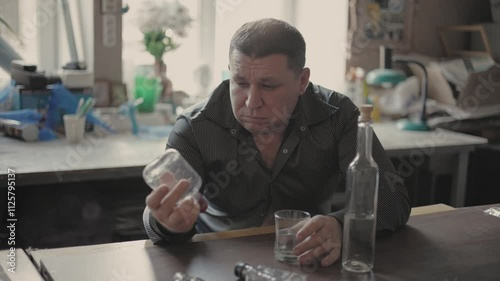 Alcoholic man drinking vodka with grief sitting at the table.Young man drinking vodka in the glass.Concept of alcoholism. Man drinking vodka alone in a dark room in slow-motion.