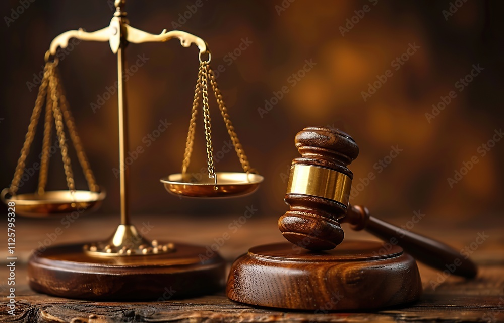 Judge's scales of justice and gavel on law attorney's office desk Judge's scales of justice and gavel on law attorney's office desk