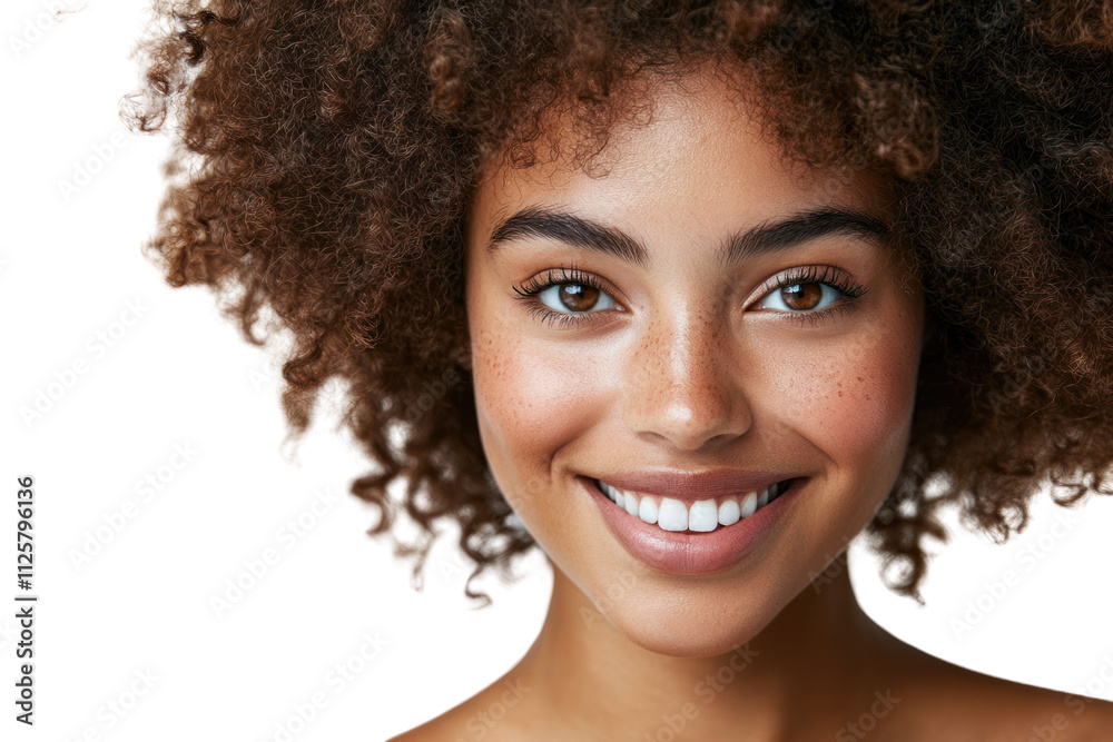 Portrait of a smiling woman with curly hair, showcasing natural beauty and confidence on a white isolate background. Portrait of a smiling woman with curly hair, showcasing natural beauty and confidence on a white isolate background.