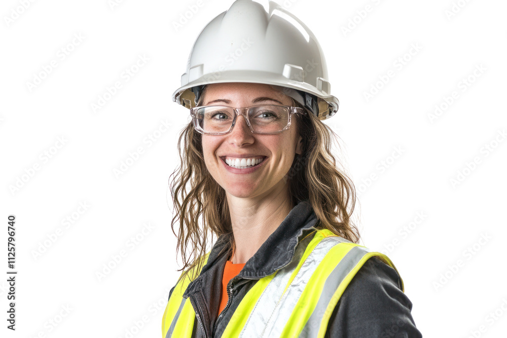 Smiling female construction worker wearing a hard hat and safety vest, ready for work on a construction site.