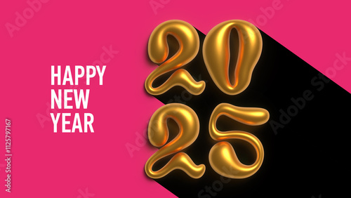 Horizontal poster. text Happy New Year, gold 2025 with long black shadow on magenta pink background. Letters, numbers 2, 0, 4. Greeting card for winter holiday, Merry Christmas. Social media template