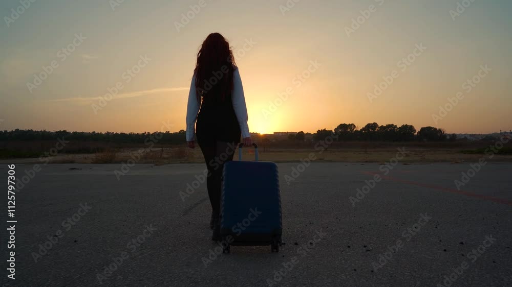 Chica viajera caminando hacia la puesta de sol por una pista de aterrizaje seguida por la cámara en movimiento, como concepto de viajes.