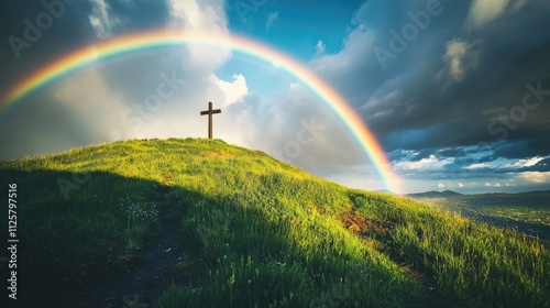 Wallpaper Mural A low angle shot of a solitary cross on a hill under a vibrant double rainbow, surrounded by lush green grass and dramatic clouds, during golden hour with sunlight breaking through Torontodigital.ca