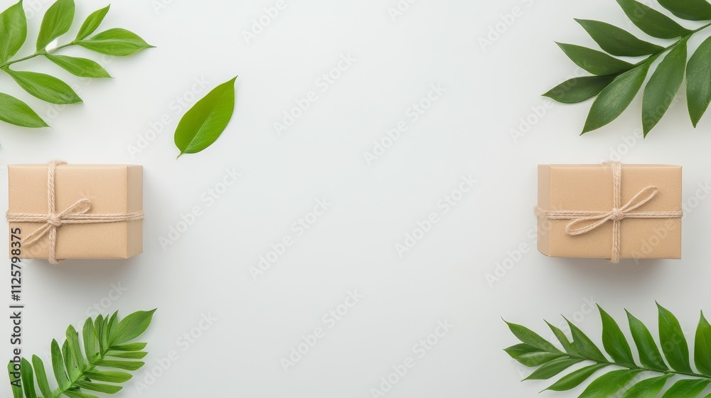 Beautifully Crafted Gift Boxes Surrounded by Green Leaves on a Minimalist Background for Nature-Inspired Decor and Gift-Wrapping Ideas Beautifully Crafted Gift Boxes Surrounded by Green Leaves on a Minimalist Background for Nature-Inspired Decor and Gift-Wrapping Ideas