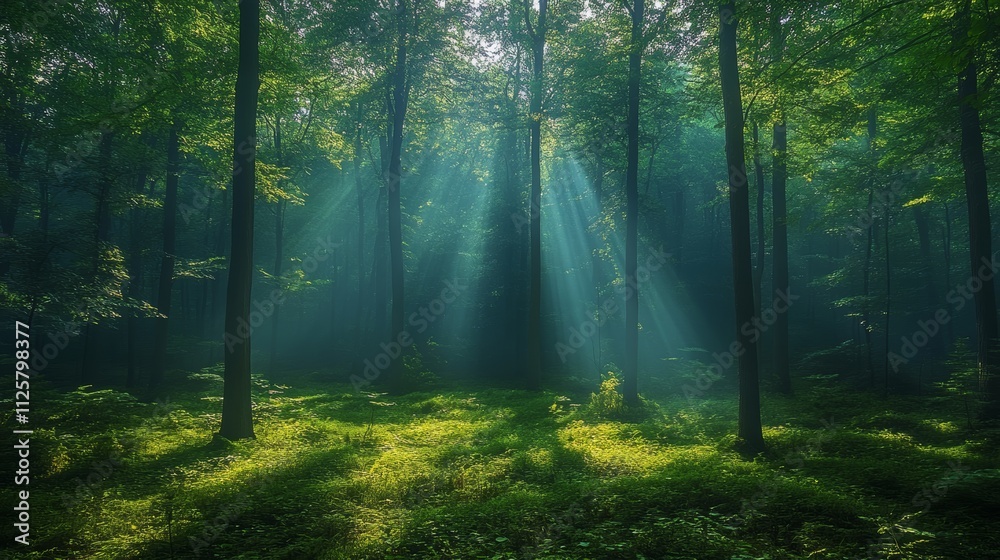 Serene Forest Scene with Sunlight Rays and Lush Greenery Serene Forest Scene with Sunlight Rays and Lush Greenery