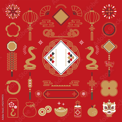 Chinese New Year icon set. Chinese New Year celebration illustration for the year of the snake in 2025.