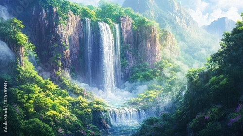Serene Waterfall in Lush Tropical Paradise