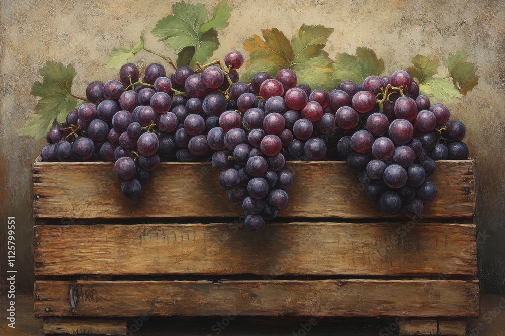 Freshly Harvested Grapes in a Rustic Wooden Crate Surrounded by Green Leaves Ideal for Wine Production or Healthy Eating Concepts in Food Photography Freshly Harvested Grapes in a Rustic Wooden Crate Surrounded by Green Leaves Ideal for Wine Production or Healthy Eating Concepts in Food Photography