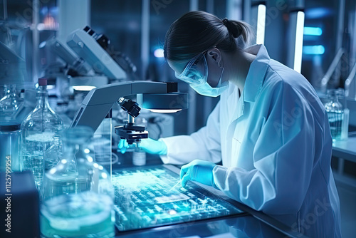 A laboratory technician makes microscopic bacteriological examination with the reagents