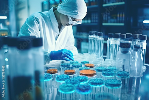 A laboratory technician makes microscopic bacteriological examination with the reagents photo