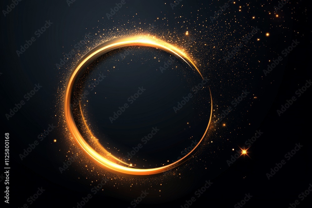 Glowing Circular Orb with Shimmering Dust and Golden Sparks Set Against a Black Background, Perfect for Abstract and Cosmic Themes Glowing Circular Orb with Shimmering Dust and Golden Sparks Set Against a Black Background, Perfect for Abstract and Cosmic Themes