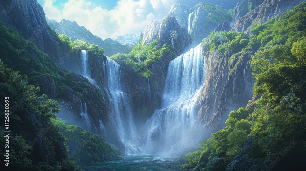 Serene Waterfall Paradise: Lush Greenery and Majestic Cascades Serene Waterfall Paradise: Lush Greenery and Majestic Cascades