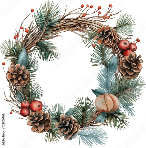 watercolor illustration of christmas wreath with cones and berries