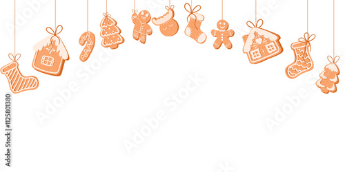 Christmas gingerbread cookies frame. Copy space. Xmas holiday border with gingerbread man, house, candy cane, deer, socks. Traditional glazed biscuits. Flat vector illustration