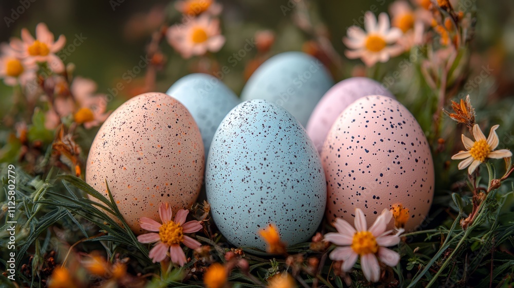 A collection of pastel-colored Easter eggs nestled in a spring flower arrangement, emphasizing natural beauty and delicate colors. A collection of pastel-colored Easter eggs nestled in a spring flower arrangement, emphasizing natural beauty and delicate colors.