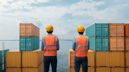 Two Dock Workers in Safety Gear Overseeing Cargo Containers by the Water on a Bright and Clear Day, Ensuring Efficient Operations at the Shipping Port
