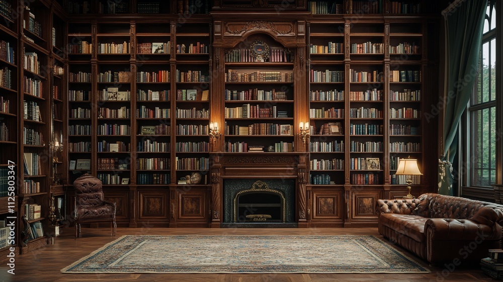 Large 3-meter long, 6-meter high bookcase filled with books in a modern interior space, showcasing a spacious, organized, and contemporary home library design with plenty of storage and shelving. Large 3-meter long, 6-meter high bookcase filled with books in a modern interior space, showcasing a spacious, organized, and contemporary home library design with plenty of storage and shelving.