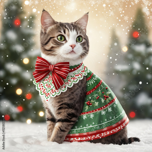 Cute cat wearing boo tie, & christmas dress,Cute Cat Wearing Bow Tie and Christmas Dress - An Adorable Festive Scene Perfect for Holiday and Celebration-Themed Visuals photo