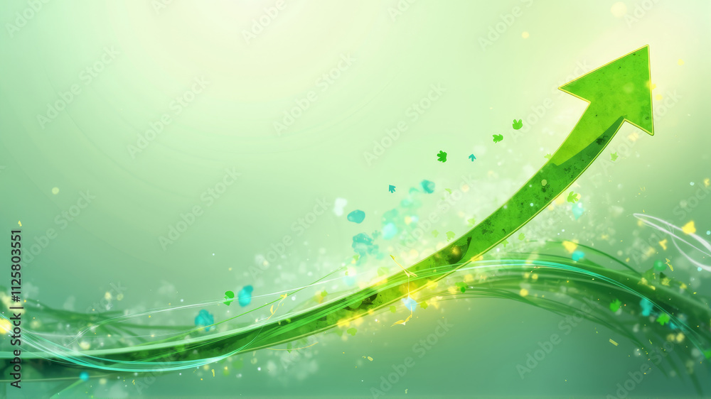 Vibrant abstract green upward arrow with organic glow, dynamic, flowing design surrounded by glowing particles and natural elements that conveys growth, progress and optimism in futuristic style. Vibrant abstract green upward arrow with organic glow, dynamic, flowing design surrounded by glowing particles and natural elements that conveys growth, progress and optimism in futuristic style.